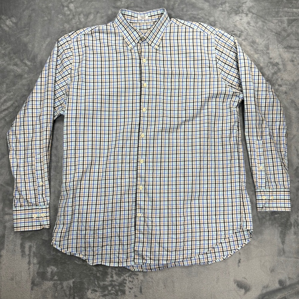 Peter Millar Mens XL Blue Tan Plaid Cotton Button Down Shirt Long Sleeve L/S